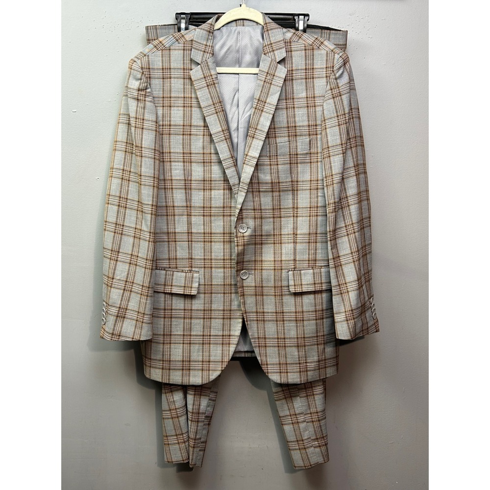 Bocaccio Uomo Suit Mens 42R Gray Tan Plaid 2-Piece Blazer Trousers Set Formal